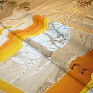 Detailed macro view of woven tapestry fabric with warm orange and ginger art patterns