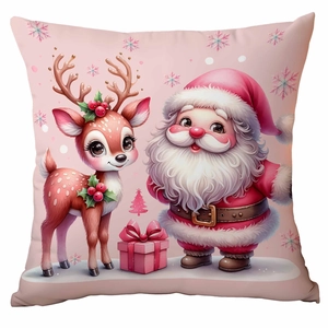 Detailed view of pink Christmas pillow cover with Santa and reindeer illustration