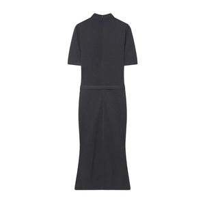 Back view of a black short sleeve midi dress with a high collar in soft knit fabric