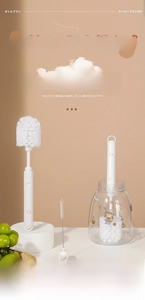 Detail of extendable white cup brush with straw cleaner showing high-density nylon bristles