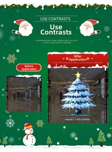 Detail view showing blue hand-drawn Christmas tree window static sticker before and after application