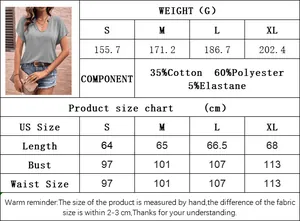 Detailed size chart and fabric weight specifications for casual U-neck short sleeve top