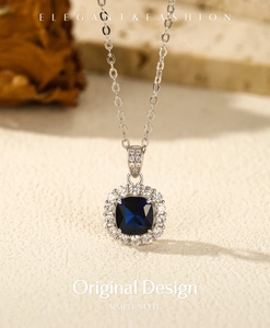 Elegante collana in argento sterling S925 con ciondolo in zaffiro blu e alone di zirconi bianchi