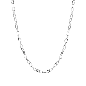 Detailed close-up of a silver stainless steel paperclip chain with polished rectangular links