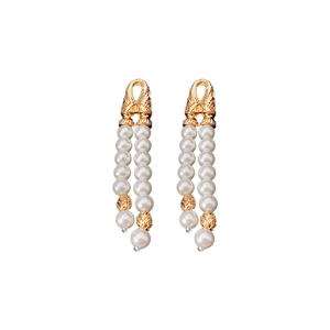 Vintage gold layered pearl tassel earrings with geometric metal and long fringe design