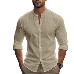 Men's khaki cotton linen long sleeve slim fit henley shirt with stand collar style