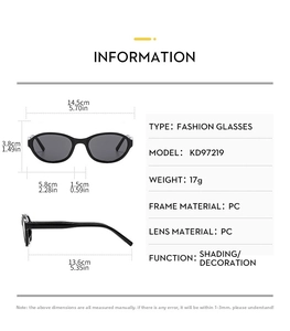 Detailed size chart for oval sunglasses showing frame dimensions and specifications