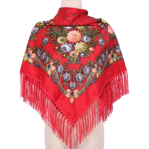 Ethnic 90x90 red floral print square scarf with tassel fringe on a mannequin