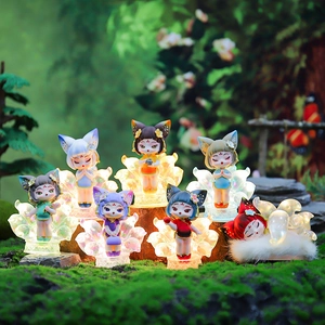 Collection of seven Nine-Tailed Fox blind box figurines on glowing bases in forest scenery