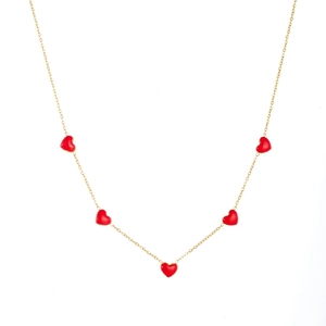 Elegant gold stainless steel necklace featuring five small red heart pendants on white backdrop