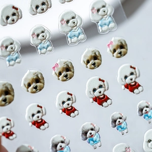 3D embossed poodle nail art stickers featuring cute teddy dog patterns in blue and red