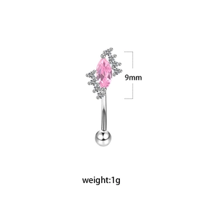 Detail view of silver curved piercing with pink marquise zircon and 9mm length scale