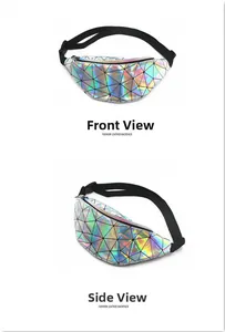 Front and side views of the iridescent geometric laser fanny pack with adjustable strap