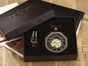 Mechanical pocket watch with hollow dial and Roman numerals in a black GORDEN gift box