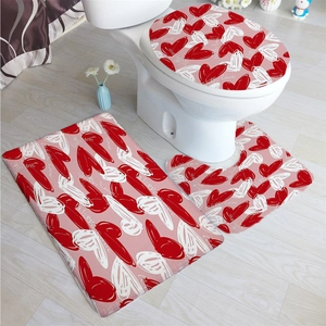 Three-piece bathroom mat set with red graffiti hearts and 'with love' artistic lettering