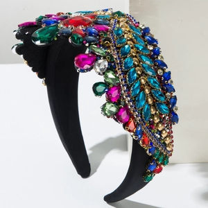 Baroque wide headband with multi-color crystals and floral beads on gold base