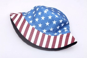 Double-sided sun hat with American flag stars and stripes pattern on white background