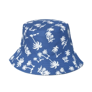 Blue cotton bucket hat with white coconut tree prints for summer sun protection