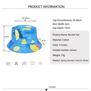 Size chart and specifications for lemon print double-sided cotton bucket hat