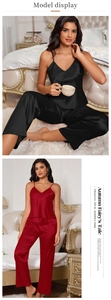 Close-up of luxury satin pajama set featuring V-neck camisole and wide-leg trousers