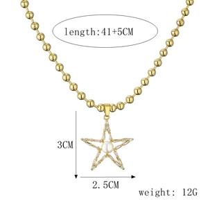 Detail showing gold bead chain necklace with star pearl pendant and size measurements