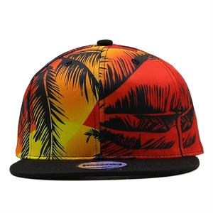 Close-up of a gradient snapback hat featuring black palm tree silhouettes and flat brim