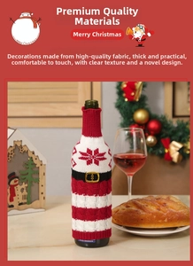 Detail of Christmas wine bottle cover featuring red snowflake knit and belt buckle decoration