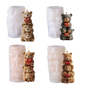 Stackable teddy bear silicone candle mold with 3D bears holding hearts for DIY wax crafts
