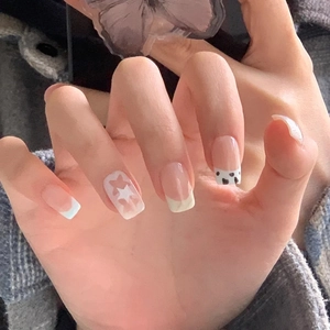 Press On Nails Short Square French Style Cow Print Star Pattern Sweet Artificial Nails Elegant False Nails