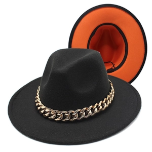 Detail of two-tone wool felt fedora with black exterior and vibrant orange brim underside