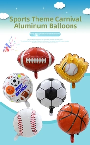 Collection of sports balloons featuring football, basketball, and Happy Birthday designs