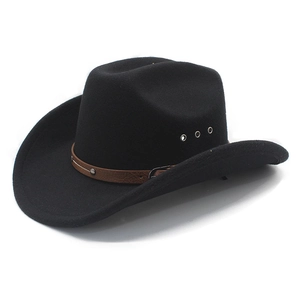 Classic black felt cowboy hat featuring a brown faux leather band and metal ventilation eyelets