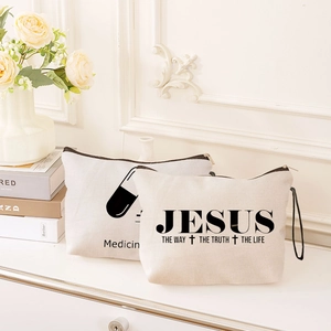 Neceser de lona minimalista con estampados de Jesús y Medicina con cremalleras negras