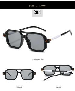Detail view of square black frame sunglasses with double bridge and spherical temple tips