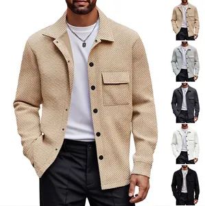Men Long Sleeve Shirt Jacket Heavy Twill Lapel Buttons Polyester Blend Solid Color Slim Fit Casual Top