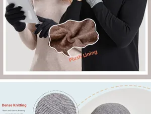 Detail of soft brown fleece lining and tight knit texture for winter hat set
