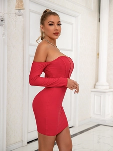 Elegant red off-shoulder long sleeve mini dress with a slim fit and bodycon silhouette