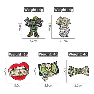 Five unique cartoon money and skull enamel pins set with detailed size and weight guide