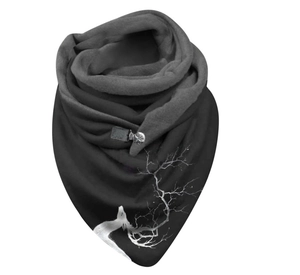 Thick black winter scarf featuring white moon and branch prints with leather button closure