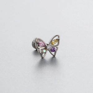 Titanium steel butterfly stud earring with colorful cubic zirconia and silver finish