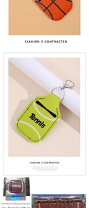 Detail of faux leather sports ball keychain with sizing dimensions of 10x14cm and metal hook