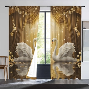 Detail of 3D digital printed curtain featuring elegant white swans and golden floral patterns