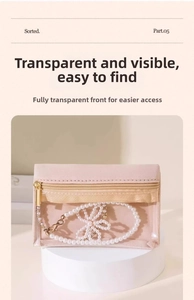 Detail view of pink leather jewelry bag with clear window and pearl bracelet inside