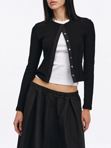 Women's 2-piece set with black slim-fit cardigan and pleated midi skirt on white background
