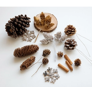 Flat lay of natural pine cones, cinnamon sticks and wooden snowflakes for DIY decor