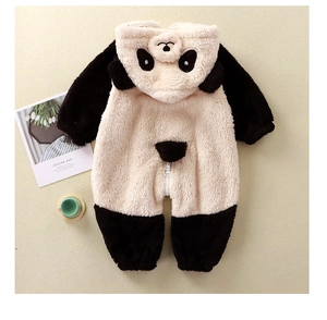 Detailed view of plush panda baby romper with hooded 3D ears and front zipper closure