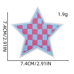 Pink and blue checkerboard star embroidered patch with 7.4cm measurement annotations