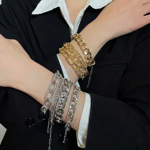 Women Fashion Punk Chunky Chain Bracelet Set Gold Silver Plated Iron Cuban Link Layered Bracelets Adjustable Daily Party Jewelry Gift
