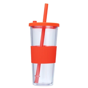 Double wall plastic straw tumbler with vibrant orange silicone sleeve and lid, clear cup body.