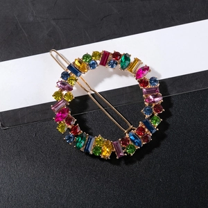 Elegant gold alloy circular hair clip with colorful rhinestones and mixed gemstones